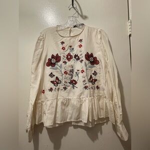 Zara Floral Embroidered Cream Blouse